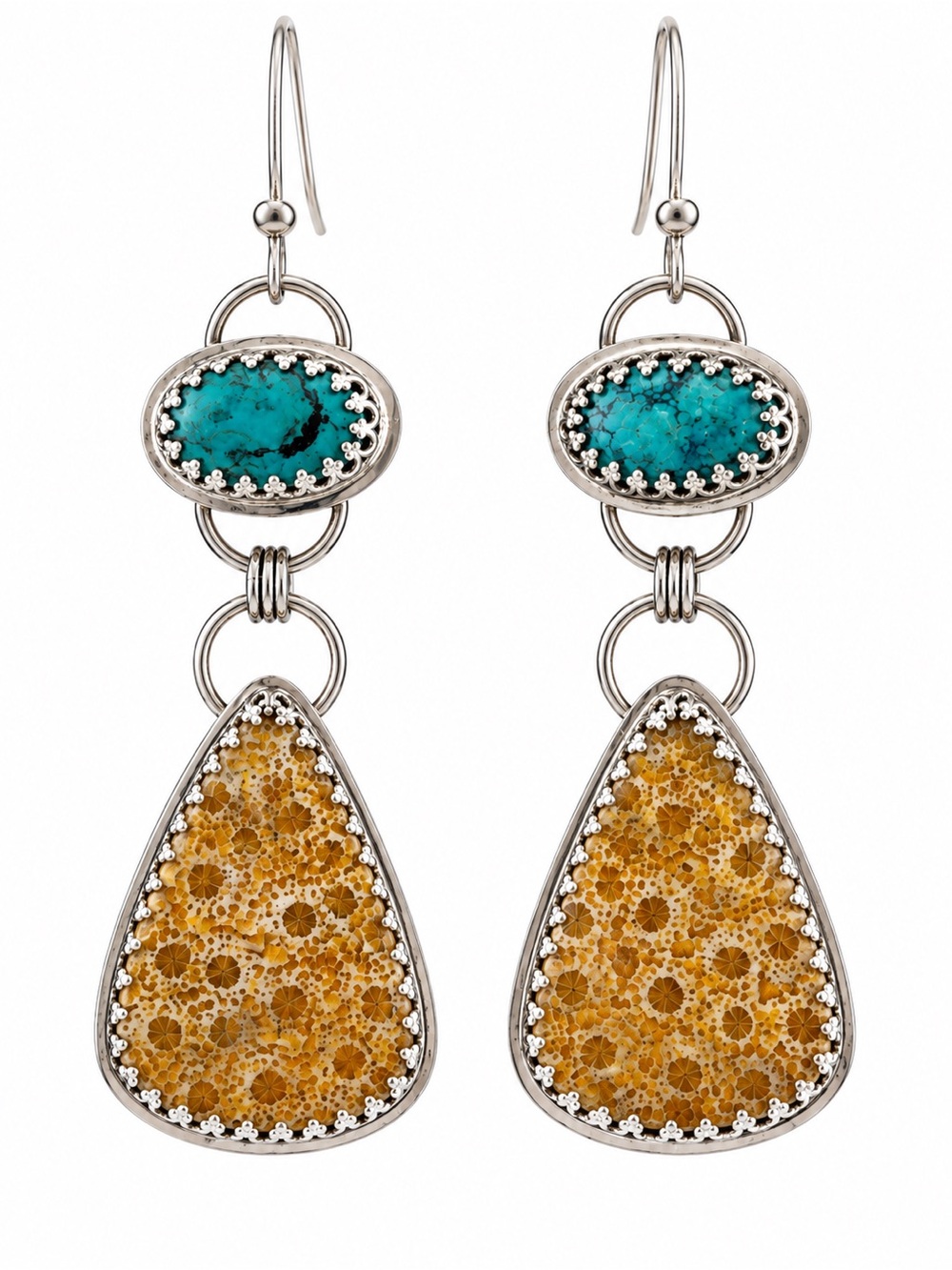 Turquoise & Fossilized Coral Sterling Silver Dangle Earrings Signed